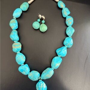 Turquoise Stone Nugget Necklace and Earring Set - Turquoise